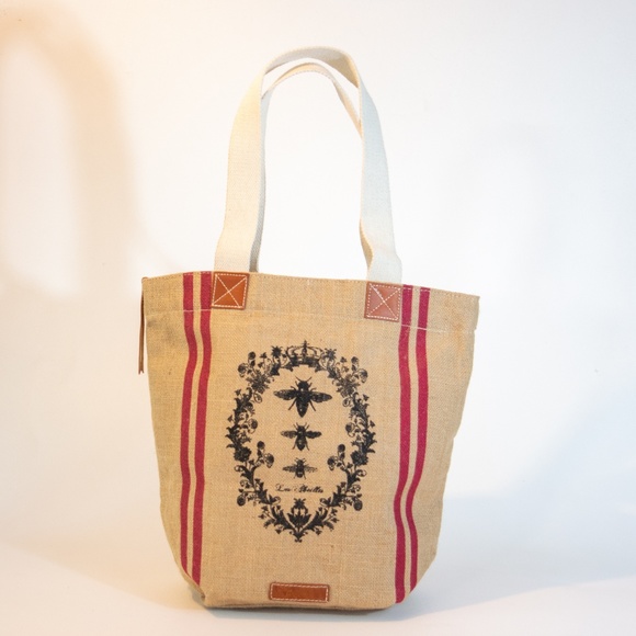 Burlap tote handbag leather accents - Picture 2 of 6